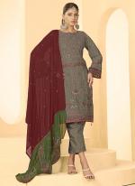 Georgette Mouse Grey Party Wear Embroidery Work Straight Suit